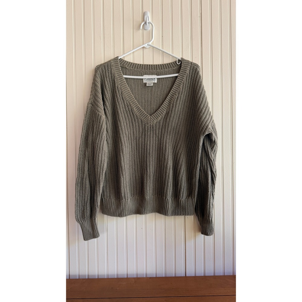 Forenza V-Neck Sweater Olive Green Chunky Shaker Knit cozy cabin fall fashion S
